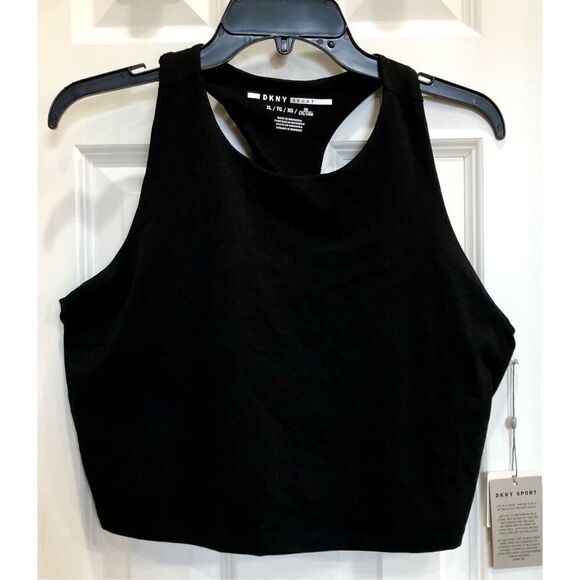 DKNY SPORT - MWT - L Sz XL Racerback Metallic Logo Cropped Tee in Black - Picture 3 of 15